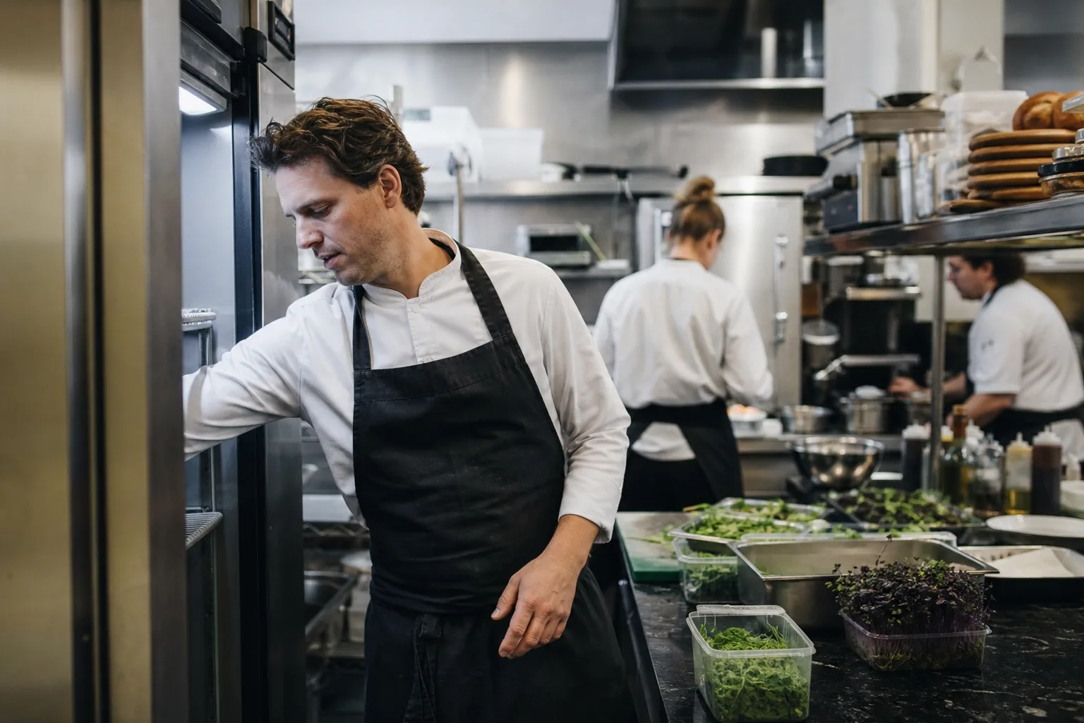 Werk in een Nederlandse horecakeuken. Beeld bij het artikel: Wanneer meet je de koeltemperaturen in de keuken en hoe leg je dat vast?