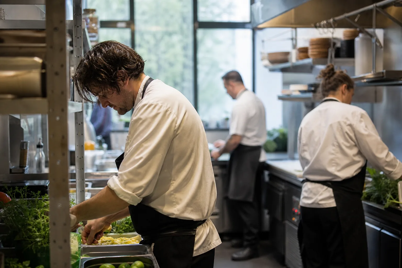 Werk in een Nederlandse horecakeuken. Beeld bij het artikel: Hoe verloopt een week hygieneregistratie in een zorgkeuken van dienst tot dienst?